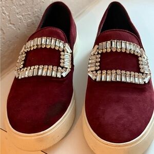 Karl Lagerfeld Burgundy Flats with Crystal Embellishments